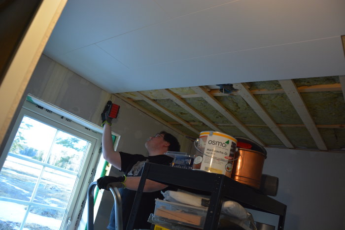 Person installerar gipsskivor i ett tak med synliga isoleringsmaterial och en stege.