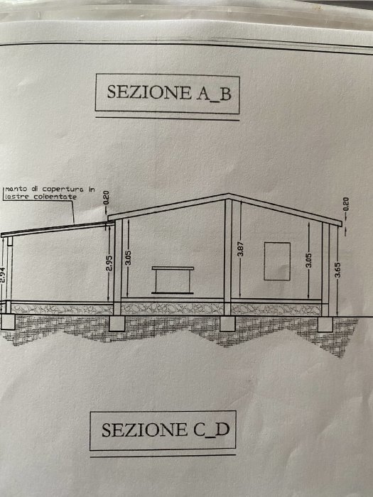 Arkitektonisk sektionsritning av ett italienskt stenhus med angivna mått och detaljer för golv i hallen.