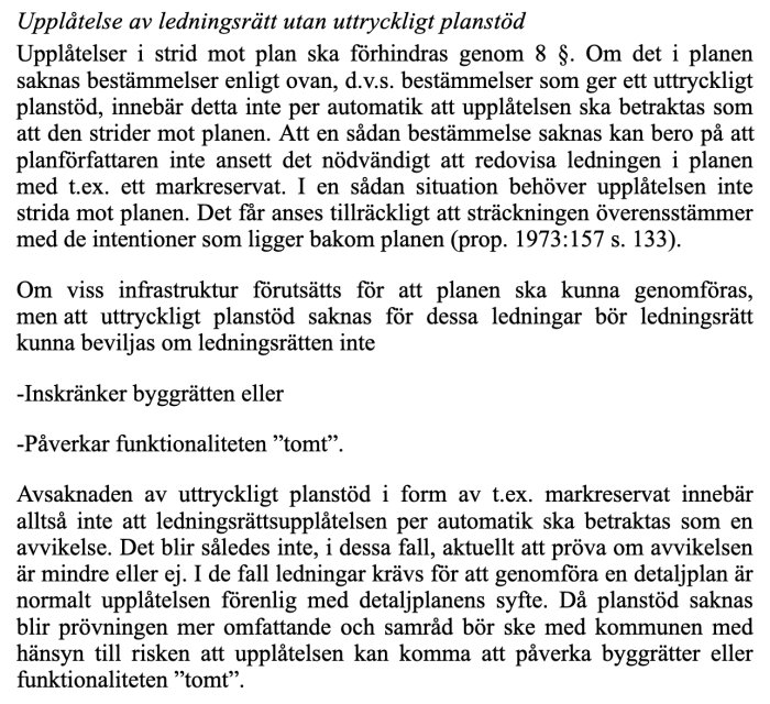 Sida 48 ur Lantmäteriets handbok om ledningsrättslagen med text gällande tolkning av avvikelser och ledningsrätt utan detaljplan.