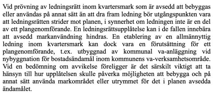 En texturtagning från en handbok som diskuterar ledningsrätt inom kvartersmark relaterat till planlagda byggprojekt.