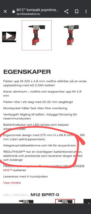 Röd och svart M12-kompakt popnitmaskin från Milwaukee med batteri.