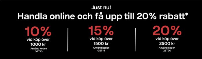 Reklam för olika rabattnivåer vid onlineköp, upp till 20%, med koder och köpgränser, på Clas Ohlson.