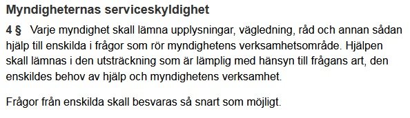 Skärmdump av texten i förvaltningslagen om myndigheternas serviceskyldighet, innefattar punkter om upplysnings-, väglednings- och rådgivningsansvar.