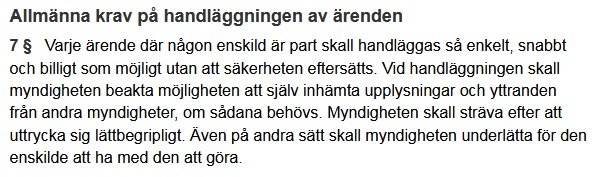 Skärmbild av en text ur förvaltningslagen om handläggning av ärenden som beskriver krav på enkelhet och tillgänglighet.