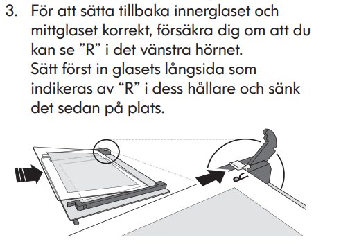 Illustration ur manual som visar hur man sätter tillbaka innerglas i en ugn med fokus på "R"-märkningen och gångjärnen.