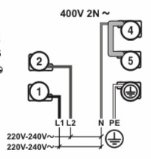 Elektriskt schema för anslutningsplint i en häll med 400V 2N~ uppmärkning och ledningsdragning.