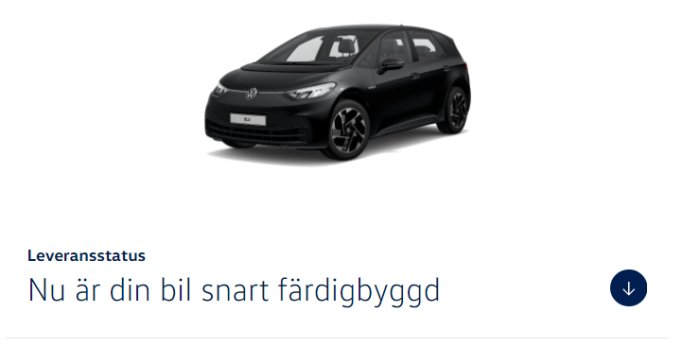 En svart Volkswagen Golf framifrån med texten "Nu är din bil snart färdigbyggd" under.