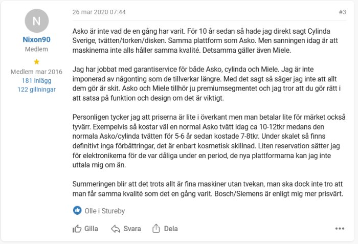 Skärmdump av ett diskussionsinlägg om erfarenheter och åsikter gällande varumärkena Asko, Cylinda och Miele inom vitvaror.