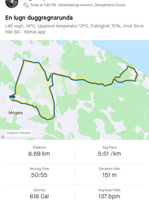 Kartskärmdump av löprunda på 8.69 km, inkluderar statistik som tid, tempotakt och hjärtfrekvens.