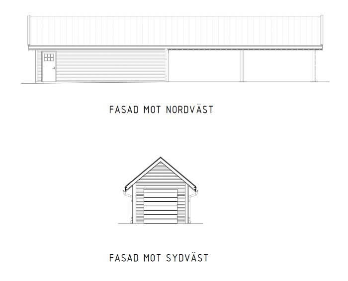 Arkitektritningar av garage med fasader mot nordväst och sydväst, möjlig höjning för vind och solceller.