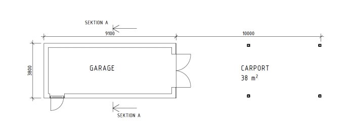 Ritning som visar garage bredvid en planerad carport med måttangivelser.