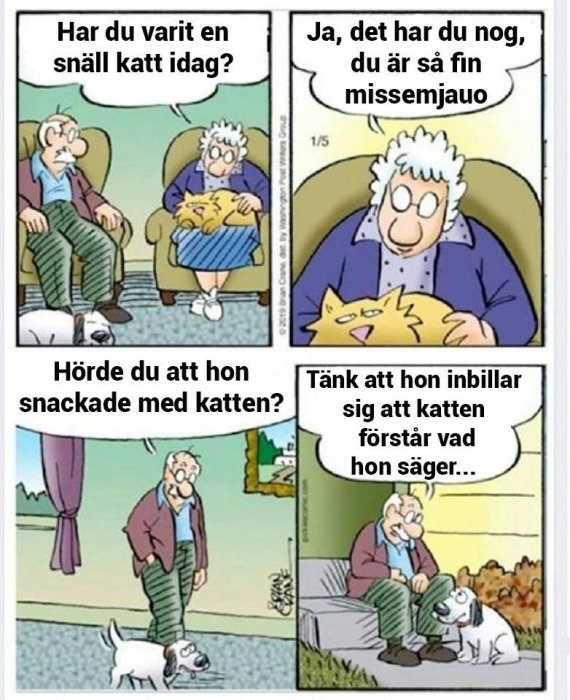 Serie med fyra rutor som visar ett äldre par, där kvinnan pratar med en katt och mannen pratar med en hund.