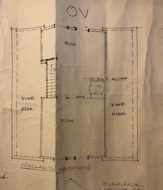 Handritad planritning över övervåningen på ett hus med markeringar för rum och förslag till inredning.