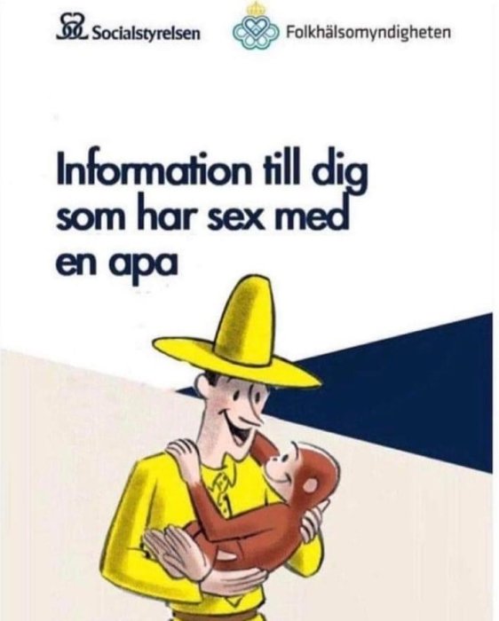 Illustration av en person i gul hatt som kramar en apa, med text om information från myndigheter.