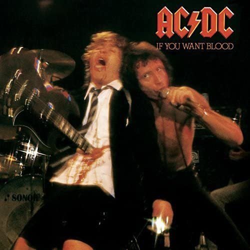 Omslaget till AC/DCs livealbum "If You Want Blood You Got It" med energiska Bon Scott och Angus Young på scen.