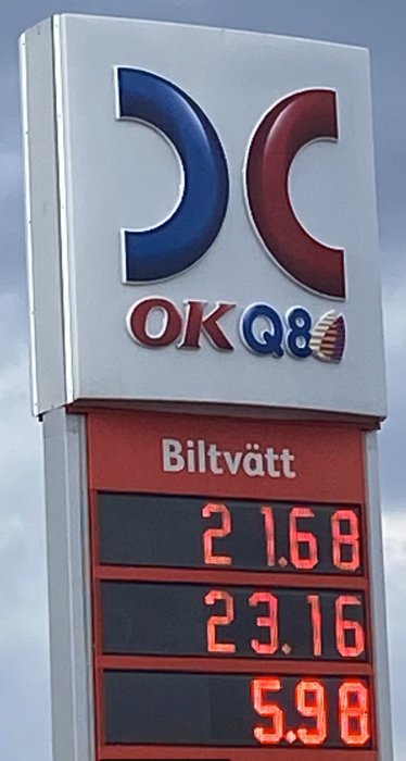 Prisskylt hos OKQ8 med höga dieselpriser, kronor per deciliter, under en molnig himmel.