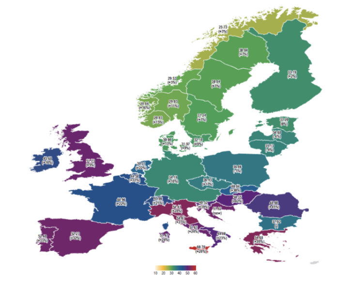 Karta över Europa med olika färger som visar elpriser per land och siffror som indikerar pris i eurocent per kWh.