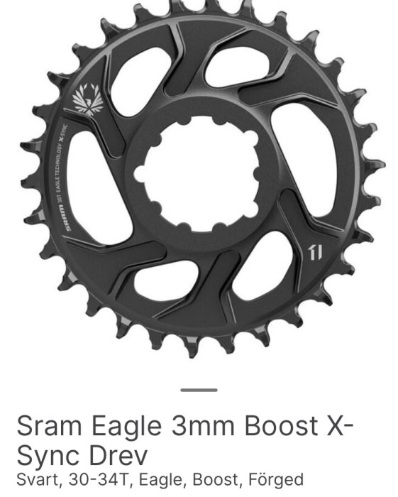 Svart kugghjul för cykel märkt "Sram Eagle", 30-34 tänder, 3mm Boost X-Sync.