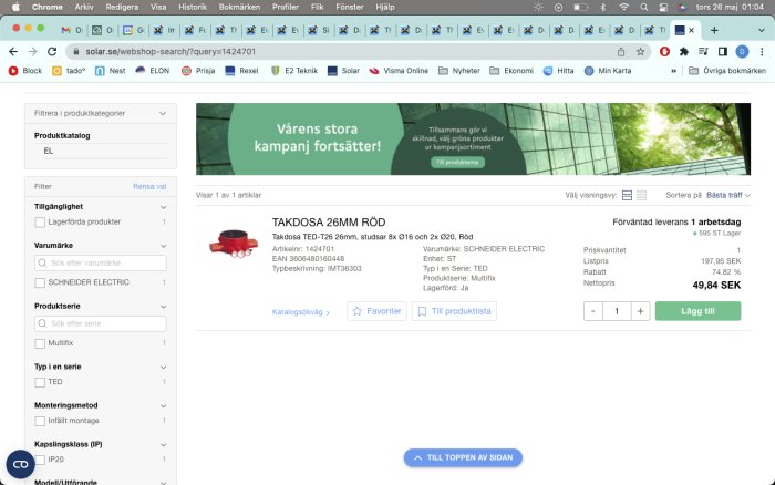 Skärmdump av en webbutikssida som visar en produkt, en röd takdosa, med pris och specifikationer.