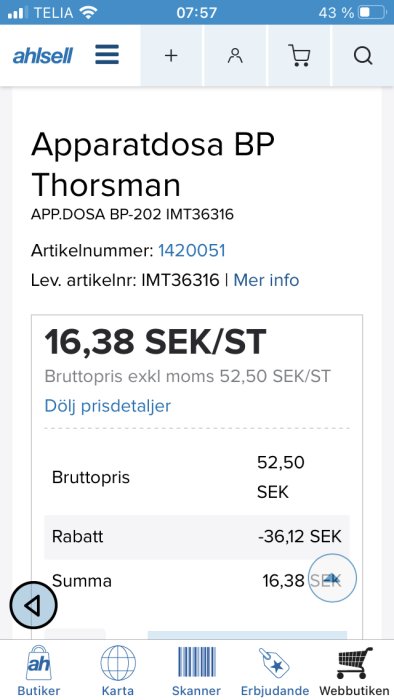 Skärmbild av en produkt på Ahlsell webbplats visande en apparatdosa med prisinformation.