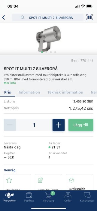 Skärmdump av en onlinebutik som visar en silvergrå spotlightsstrålkastare med priset 1.275,42 SEK.