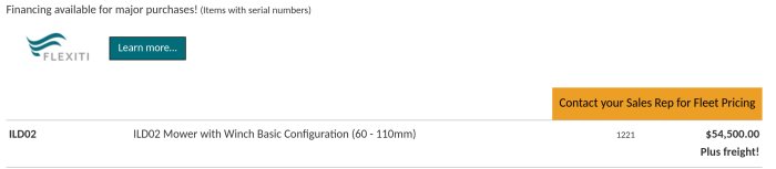 Webbsidesutdrag som visar priset på en ILD02 Mower with Winch Basic Configuration för $54,500 och texten "Plus freight!" samt en uppmaning att kontakta säljare för flottpriser.