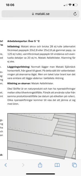 Skärmdump av Mataki.se med anvisningar för takinfästning och illustration av klisteranvändning på skarvar.