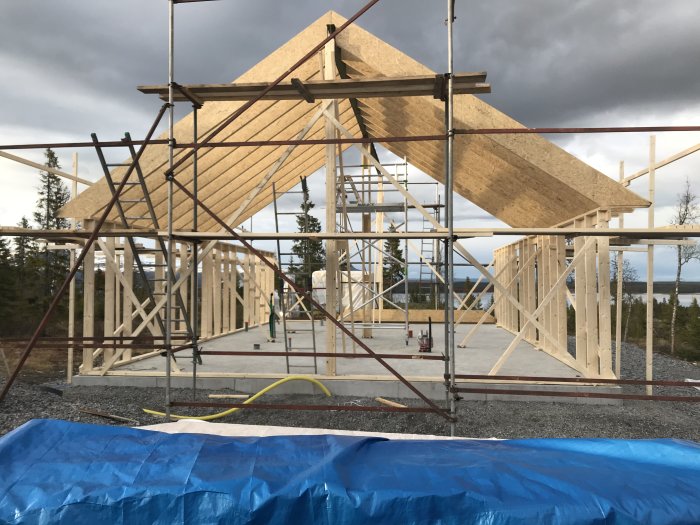 Halvbyggd trähusstomme med uppresade väggar och takstolar mot en molnig himmel.
