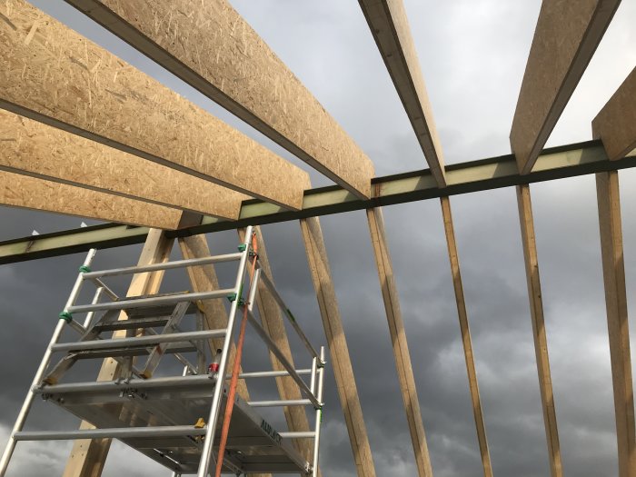 Stomkonstruktion av byggprojekt med nockbalk på pelare, träställning och halvt uppsatta takåsar mot molnig himmel.