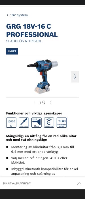 Bosch GRG 18V-16 C Professional sladdlös nitpistol med tekniska specifikationer och ikoner.