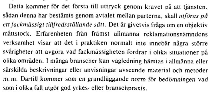 Svartvitt foto av en text ur en lagproposition som diskuterar krav på yrkesmässigt utförande.