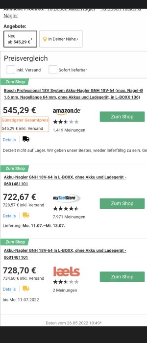 Prissättningskärmbild för Bosch Professional 18V System Akku-Nagler med leveransdatum mellan 11/7 och 13/7.