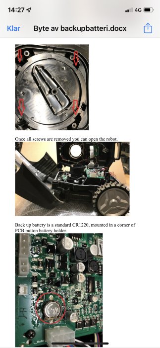 Stegvis instruktion för att byta backupbatteri i en robot; inkluderar öppnad robot och kretskort med batteri.