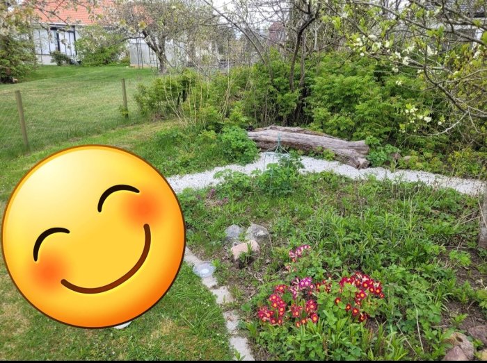 Trädgård med stenar, blommande växter och en trädstam, med ett stort leende emoji som täcker en del av bilden.