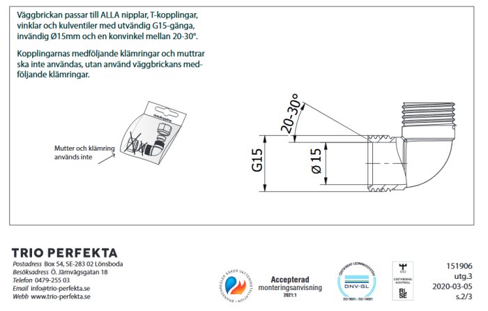 Schematisk illustration av Trio Perfektas väggbricka och dess tekniska specifikationer samt förpackningens innehåll.