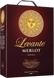 Förpackning av Levante Merlot-vin med solmotiv och text.