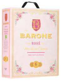 En bag-in-box med rosévin märkt "Baron Rose" mot en vit bakgrund.