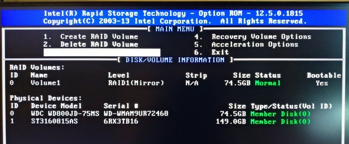 Skärmdump av BIOS-inställningar som visar en RAID 1-mirrorkonfiguration med två fysiska enheter.
