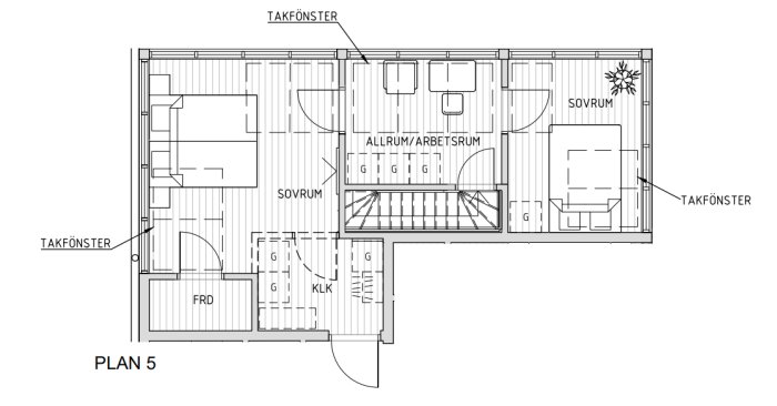Planritning av en bostad med markerade sovrum, allrum/arbetsrum och takfönster.