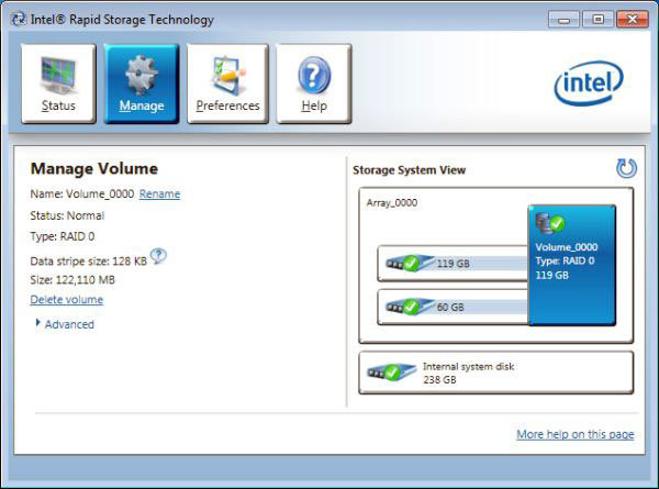 Intel Rapid Storage Technology-gränssnittet som visar RAID 0-volymhantering och systemdisken.