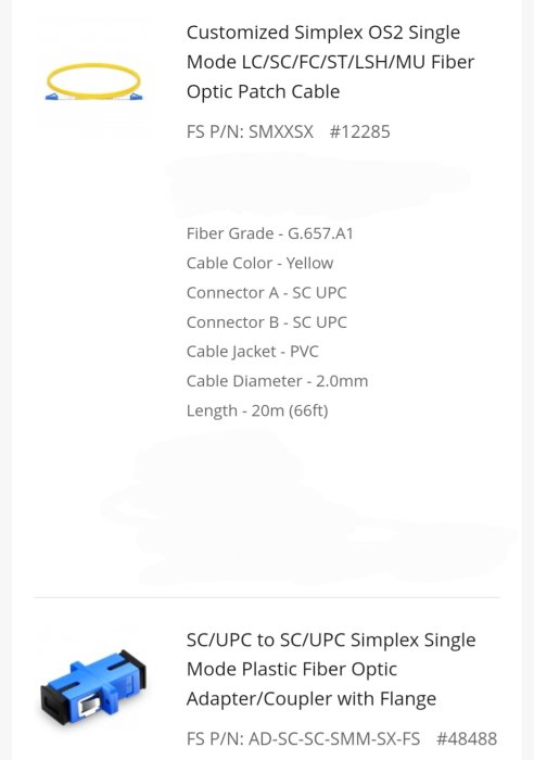 Gul simplex OS2 fiberkabel och blå SC/UPC till SC/UPC fiberkopplare.