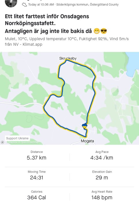 Skärmklipp av löprunda med rutt och statistik, inklusive distans, tid och kaloriförbrukning, på en digital karta.