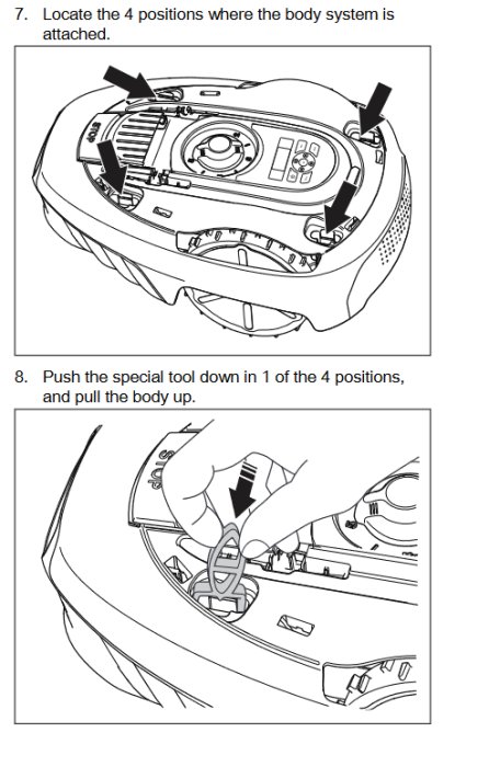 Illustrationer som visar hur man lokaliserar fästpunkter och använder ett verktyg för att lyfta upp en bilkomponents kropp.