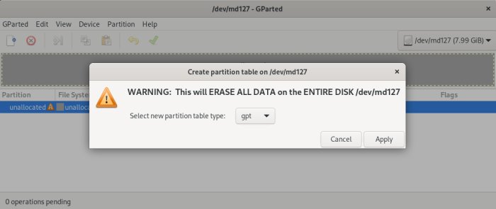 Varningsmeddelande i GParted-programmet om att all data kommer raderas på disk /dev/md127 vid skapande av ny partitionstabell.