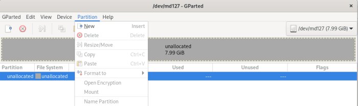 Skärmdump av GParted som visar en oallokerad RAID-disk /dev/md127 med en total storlek på 7,99 GiB.