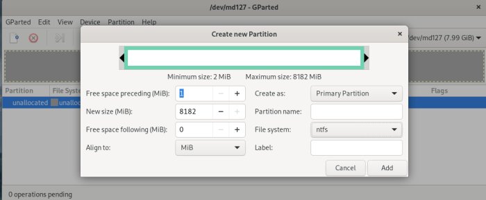 Skärmbild av GParted-programmet med dialogrutan för att skapa en ny NTFS-partition på en RAID-disk.