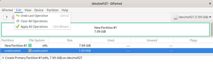 GParted-program med ny NTFS-partition på RAID-disk /dev/md127, redo för operationer.