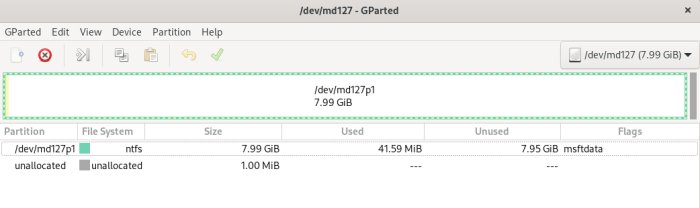 GParted-program öppet med RAID1-volymen /dev/md127 visande en NTFS-partition på 7,99 GiB och 1 MiB oanvänd utrymme.