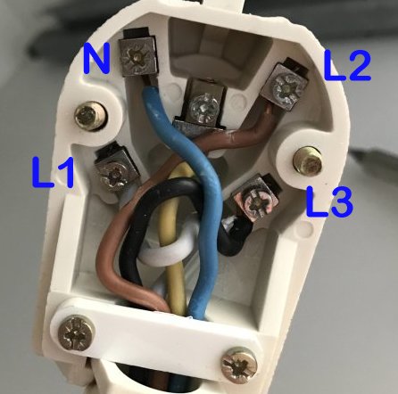 Öppen perilexkontakt med märkta anslutningar för N, L1, L2, L3 och en ledning märkt L1 framför L3.