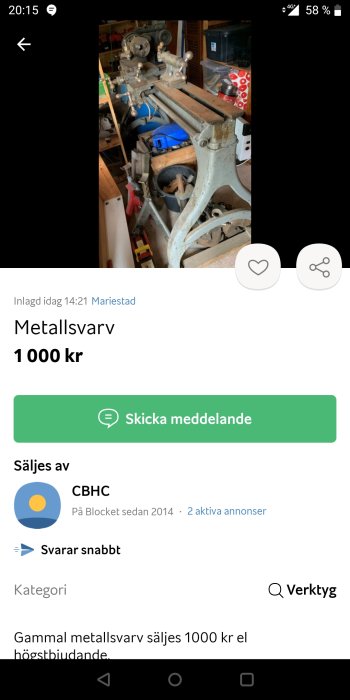 Gammal metallsvärmaskin i ett verkstadsutrymme till salu för 1000 kr.